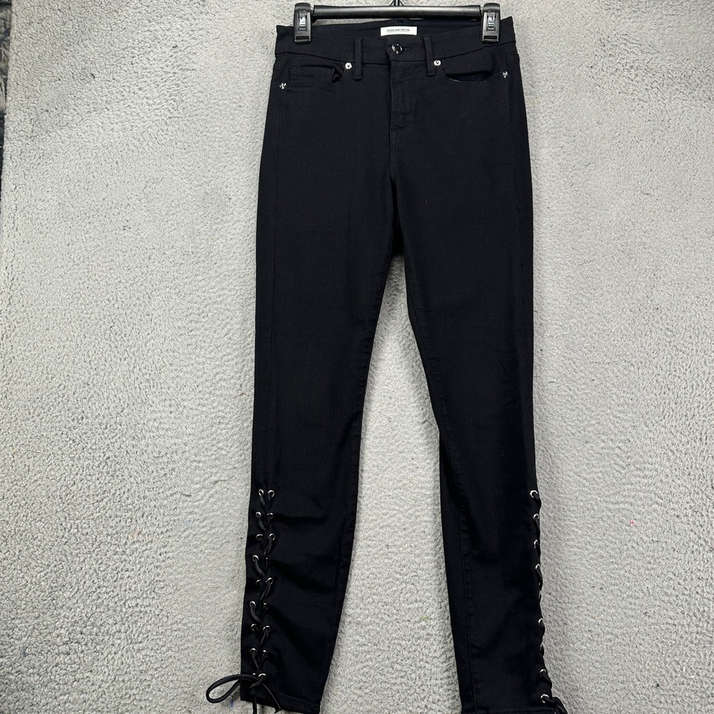 Good American Jeans Women 2 26 Good Legs Black Lace Up Ankle Skinny EUC